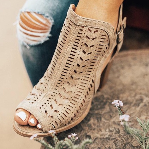Taupe Open Toe Laser Cut Booties - Picture 4 of 6